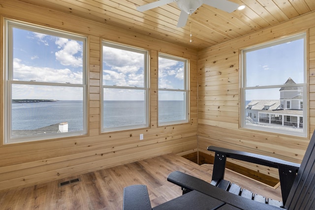 exercise area featuring wood walls, wood-type flooring, ceiling fan, wood ceiling, and a water view