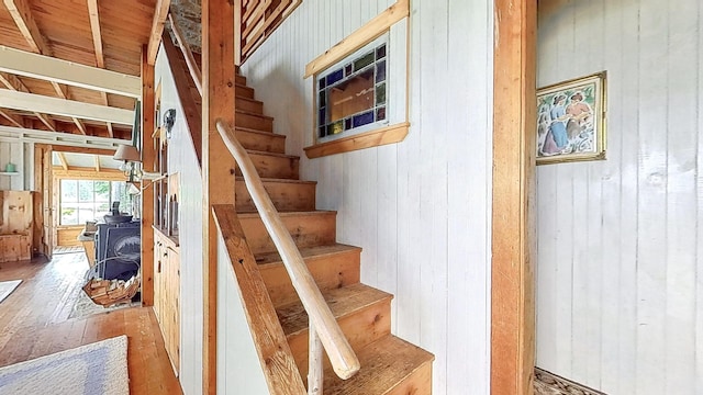 677 Friendship Long Is, Friendship, ME 04547 - stairway featuring wood-type flooring, wood walls, and a wood stove