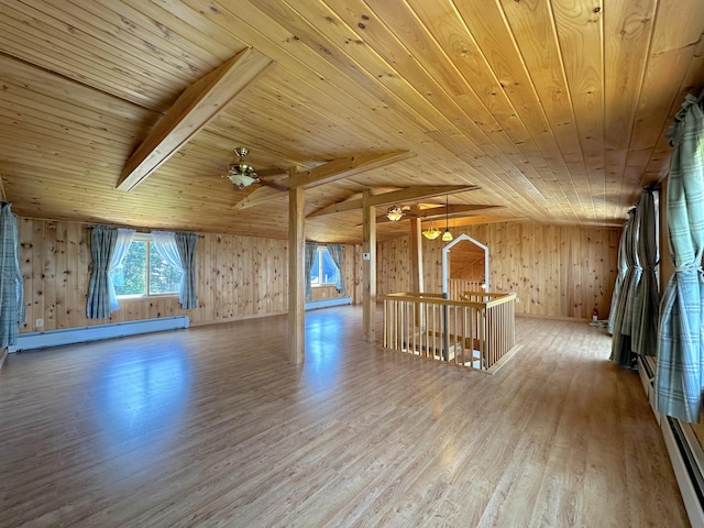 bonus room featuring wooden ceiling, a baseboard heating unit, light hardwood / wood-style flooring, and vaulted ceiling with beams