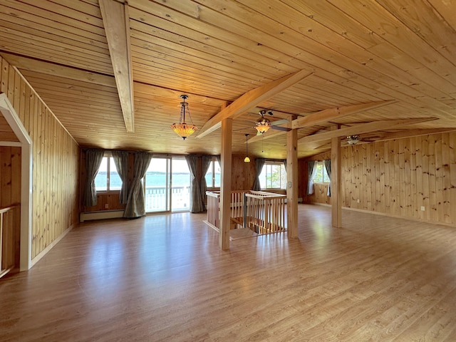 interior space featuring light wood-type flooring, a baseboard heating unit, wood walls, and wooden ceiling