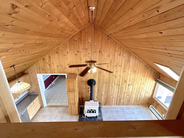 additional living space with lofted ceiling, ceiling fan, wooden walls, baseboard heating, and wooden ceiling