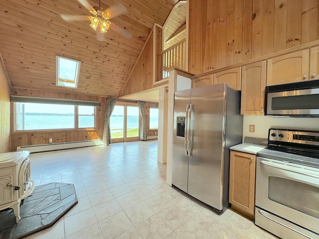 kitchen featuring wooden ceiling, baseboard heating, appliances with stainless steel finishes, and a water view