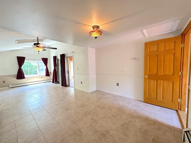 empty room featuring a baseboard heating unit, ceiling fan, and light tile patterned floors