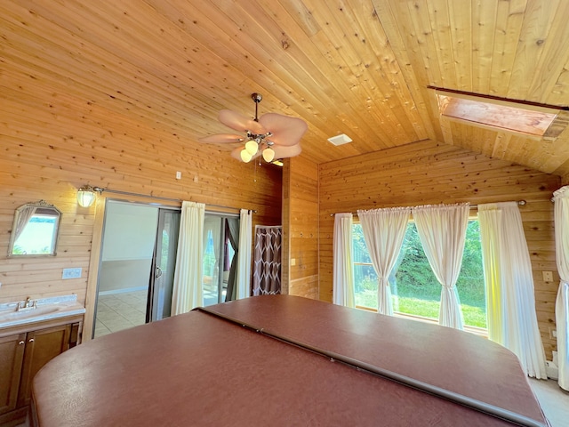 kitchen with wooden ceiling, vaulted ceiling with skylight, sink, and wood walls