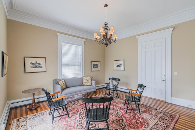 living room featuring a chandelier, ornamental molding, and hardwood / wood-style flooring