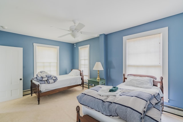 bedroom with light carpet, ceiling fan, and a baseboard radiator