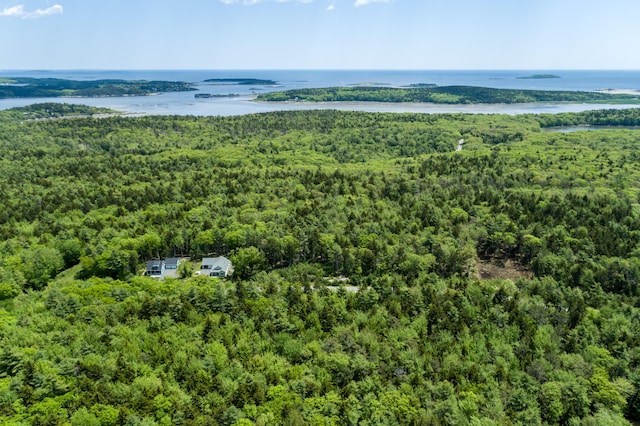 drone / aerial view featuring a water view and a wooded view