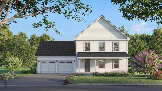 view of front of house with a garage, roof with shingles, driveway, and a front lawn