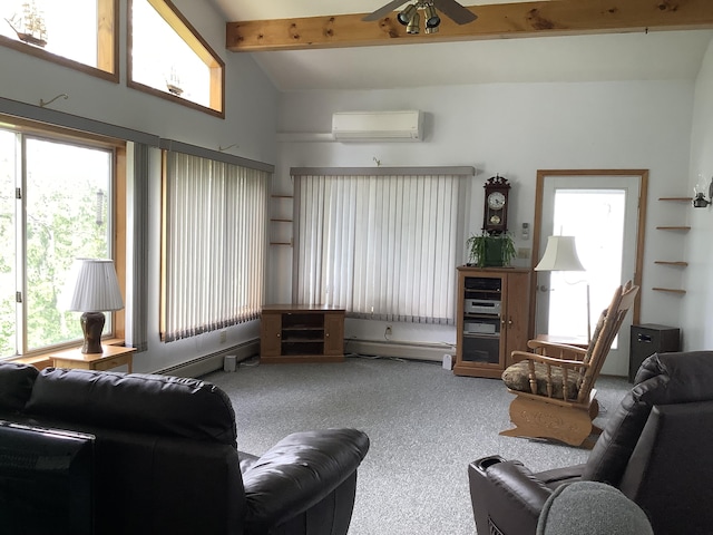 living room with a wall unit AC, carpet, a healthy amount of sunlight, and vaulted ceiling with beams