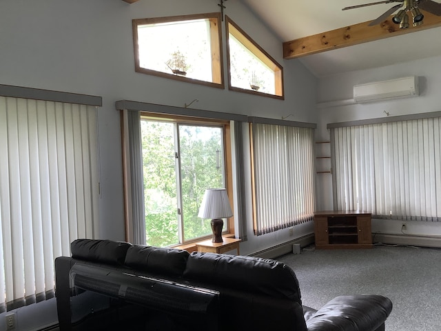 living room featuring carpet floors, high vaulted ceiling, a wall mounted AC, ceiling fan, and beam ceiling