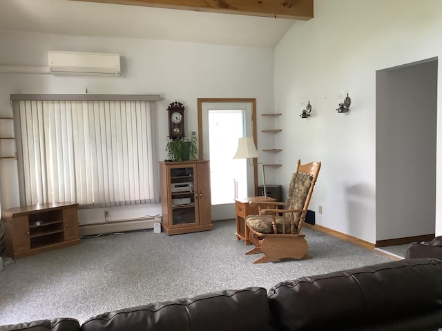 living room featuring a wall unit AC, vaulted ceiling with beams, a baseboard heating unit, and carpet floors