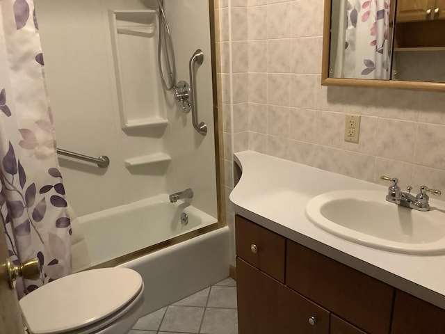 full bathroom featuring tasteful backsplash, vanity, tile patterned flooring, toilet, and shower / bathtub combination with curtain