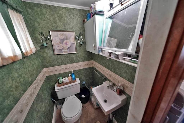 bathroom with toilet, ornamental molding, and sink