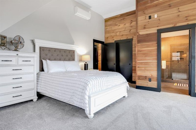 bedroom featuring lofted ceiling, carpet flooring, and wooden walls