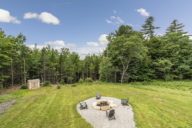 view of yard featuring a fire pit, a forest view, and a storage unit