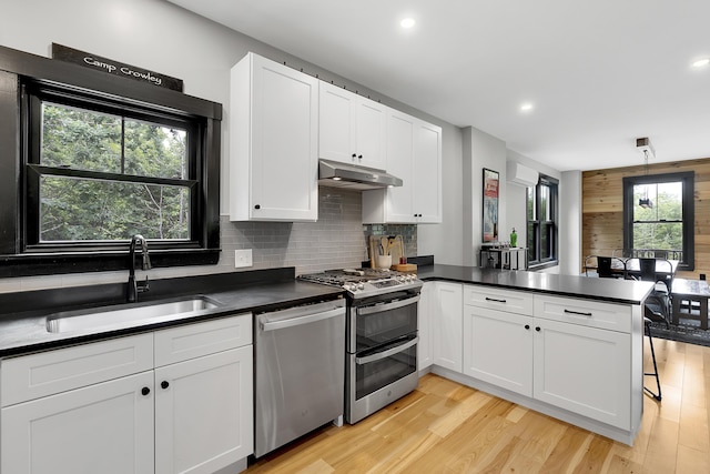 kitchen featuring a peninsula, dark countertops, a sink, and stainless steel appliances