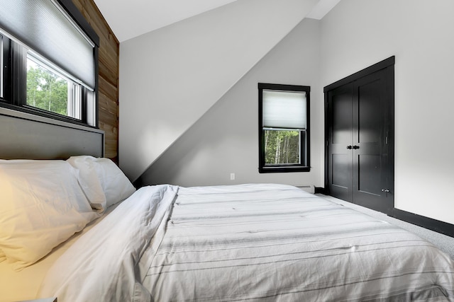 unfurnished bedroom featuring a baseboard radiator, multiple windows, and lofted ceiling