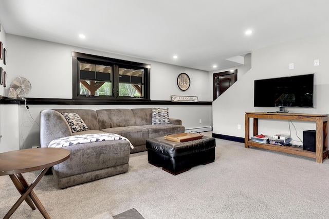 carpeted living area featuring baseboards, baseboard heating, and recessed lighting