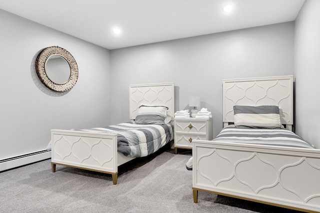 bedroom featuring a baseboard radiator, light colored carpet, and recessed lighting