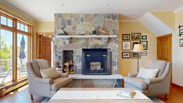 living room with hardwood / wood-style flooring, a stone fireplace, ornamental molding, and a baseboard radiator