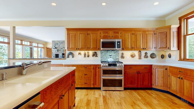 kitchen featuring backsplash, sink, light wood-type flooring, ornamental molding, and stainless steel appliances