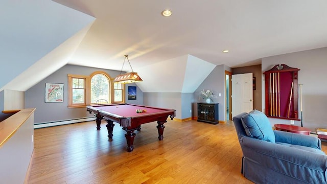 playroom with vaulted ceiling, light hardwood / wood-style flooring, baseboard heating, and pool table