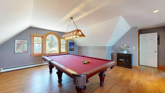 rec room featuring lofted ceiling, light hardwood / wood-style flooring, a baseboard heating unit, and billiards