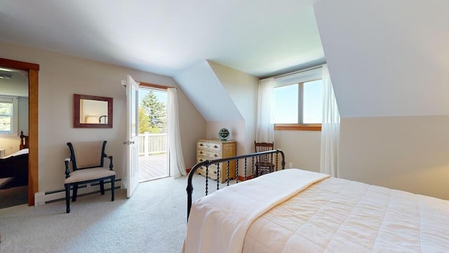 bedroom with lofted ceiling, light carpet, access to outside, and a baseboard radiator