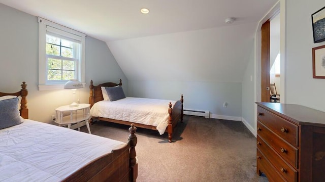 bedroom featuring lofted ceiling, carpet floors, and baseboard heating