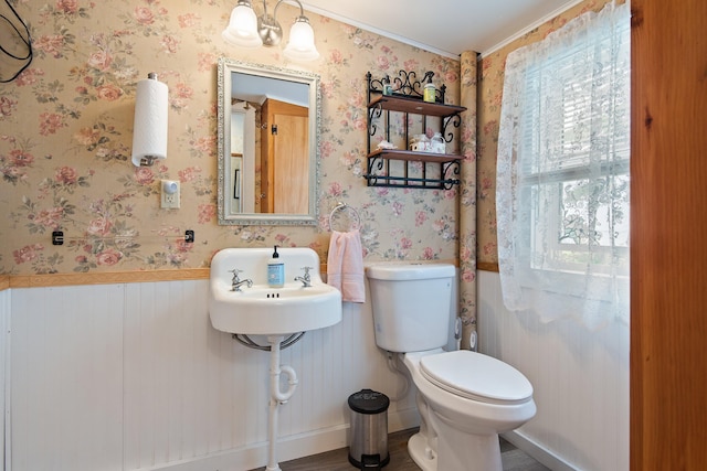 bathroom featuring a wainscoted wall, a sink, toilet, and wallpapered walls