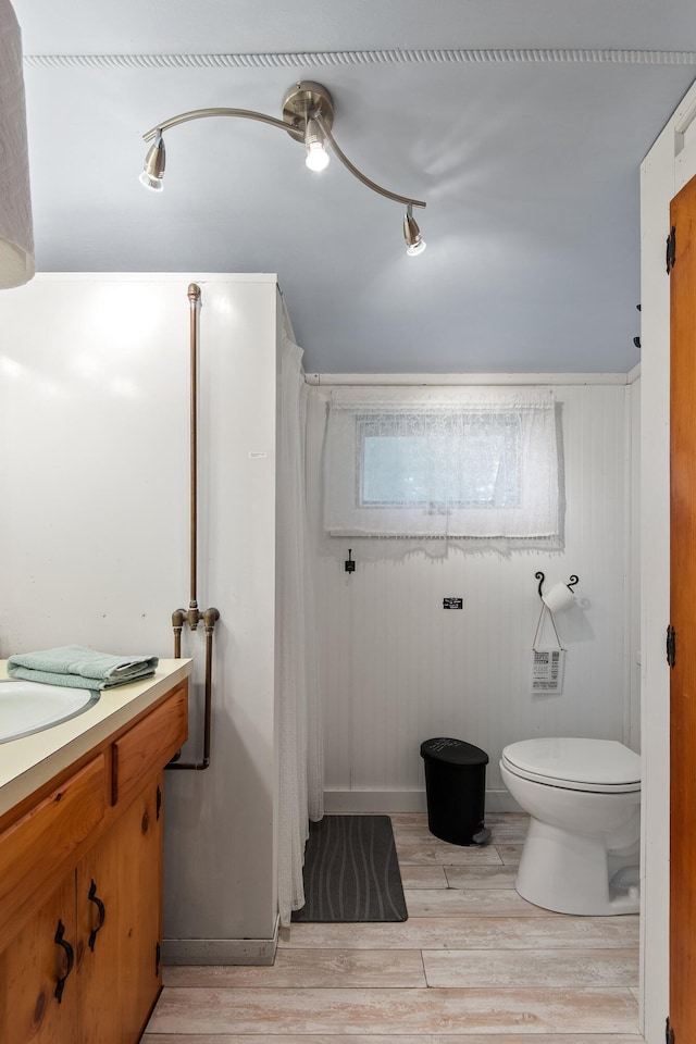 bathroom with toilet, vanity, and wood-type flooring