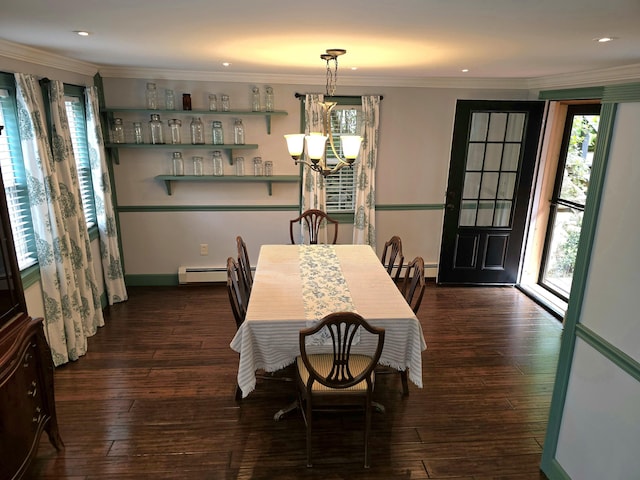 dining space with a notable chandelier, crown molding, and dark wood-type flooring