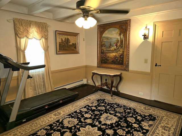 workout room featuring ceiling fan and a baseboard radiator