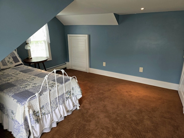 bedroom with a baseboard radiator, dark carpet, and vaulted ceiling