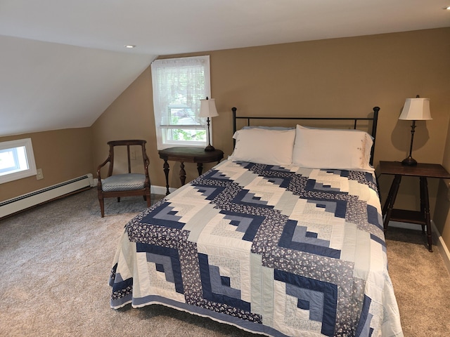 carpeted bedroom with multiple windows, vaulted ceiling, and a baseboard heating unit