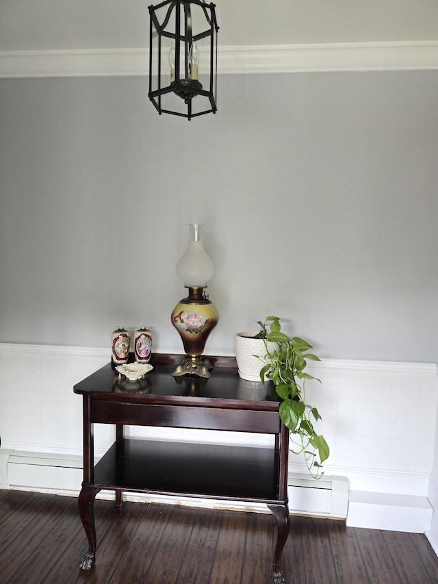 interior details featuring hardwood / wood-style floors, crown molding, and a baseboard heating unit