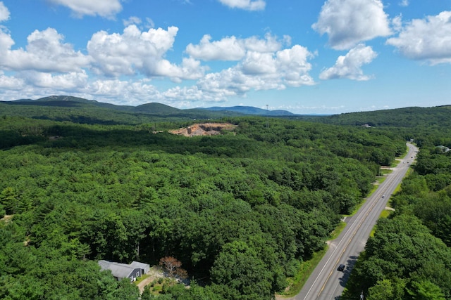birds eye view of property featuring a mountain view and a forest view