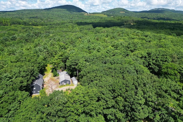 drone / aerial view with a mountain view and a forest view