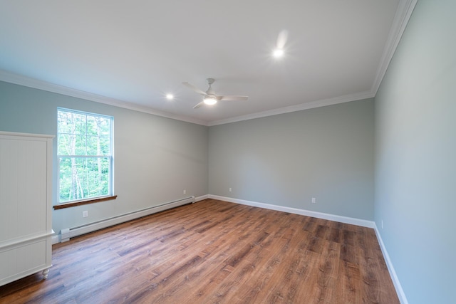 unfurnished room featuring hardwood / wood-style floors, ceiling fan, ornamental molding, and baseboard heating