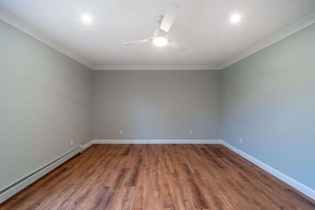 empty room with ceiling fan, dark hardwood / wood-style flooring, crown molding, and a baseboard radiator