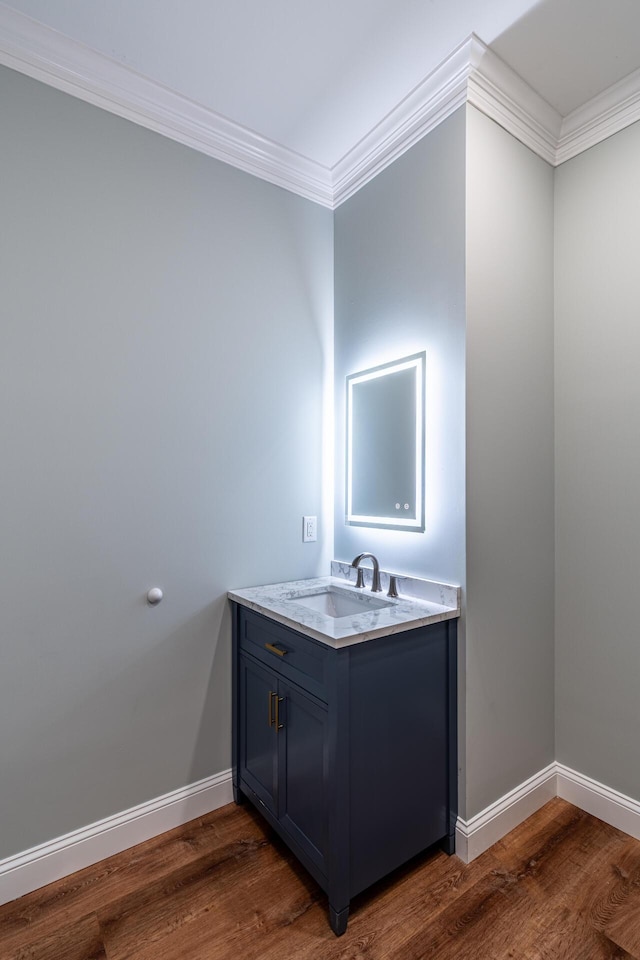 bathroom with vanity, wood-type flooring, and ornamental molding