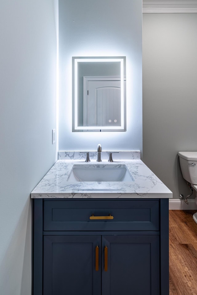 bathroom with hardwood / wood-style floors, vanity, and toilet