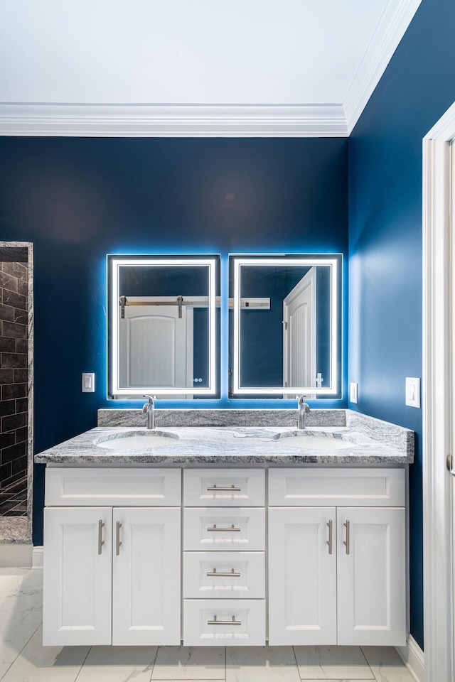 bathroom featuring vanity, walk in shower, and ornamental molding