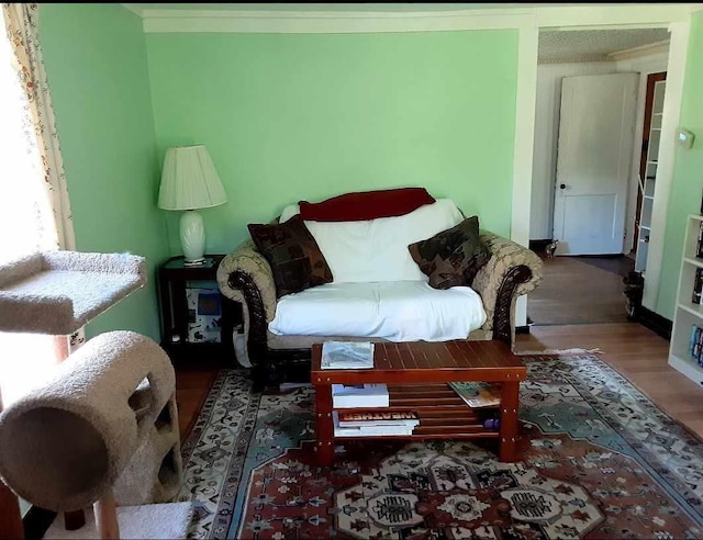 living room featuring hardwood / wood-style flooring and ornamental molding