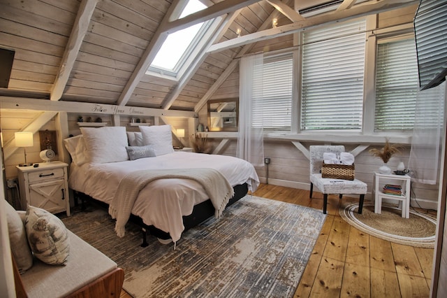 bedroom featuring wooden ceiling, vaulted ceiling with beams, wood walls, and hardwood / wood-style floors