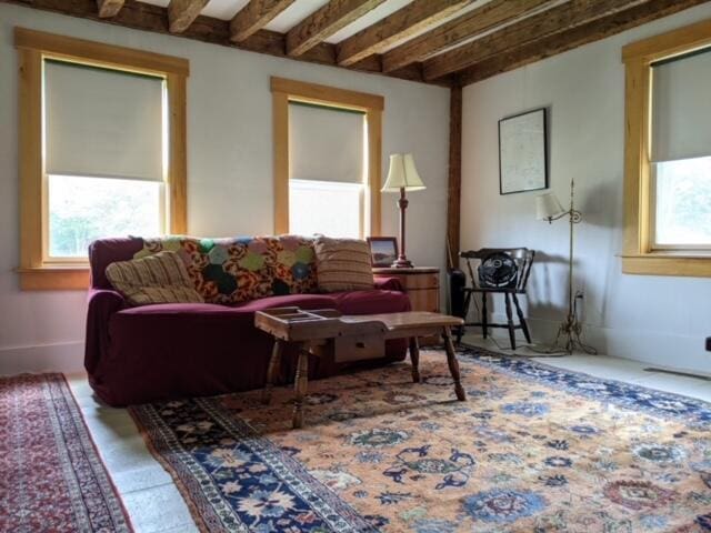 living room with beam ceiling