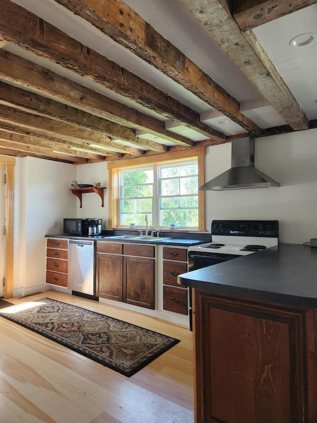 kitchen with dishwasher, beam ceiling, wall chimney exhaust hood, and light hardwood / wood-style flooring