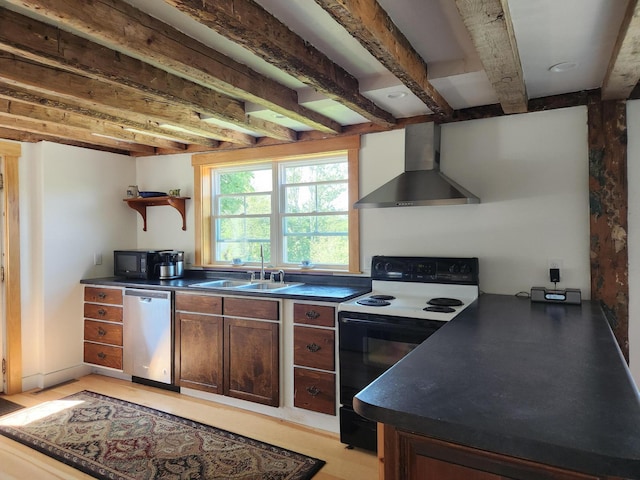 kitchen with dishwasher, wall chimney range hood, electric stove, sink, and beam ceiling