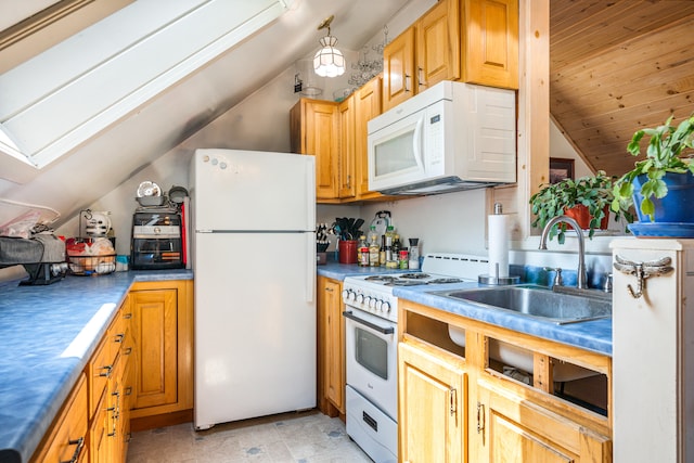 kitchen featuring light tile flooring, wooden ceiling, vaulted ceiling with skylight, sink, and white appliances