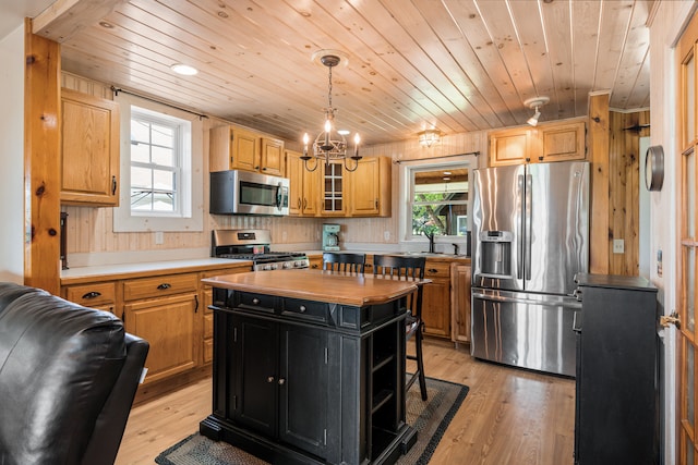 kitchen with stainless steel appliances, light hardwood / wood-style flooring, wood ceiling, and a kitchen island